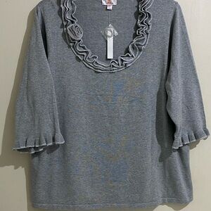 Women’s Quacker Factory Ruffle-Trim Knit Pullover Scoop Neck 2X Gray